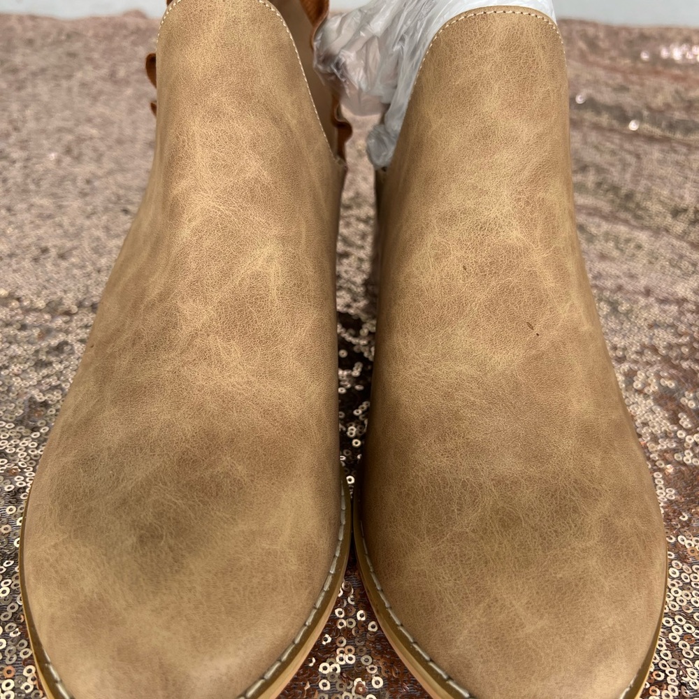 Suede like shoes. Worn once, 1 1/2 inch heel